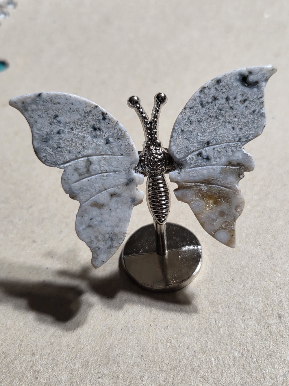 Orbicular Jasper Crystal Butterfly Wings On Metal Body Stand Decor